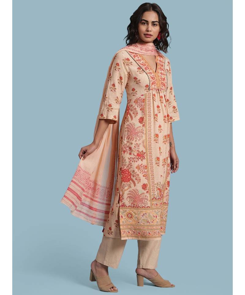 Peach Floral Print Kurta With Bottom And Dupatta