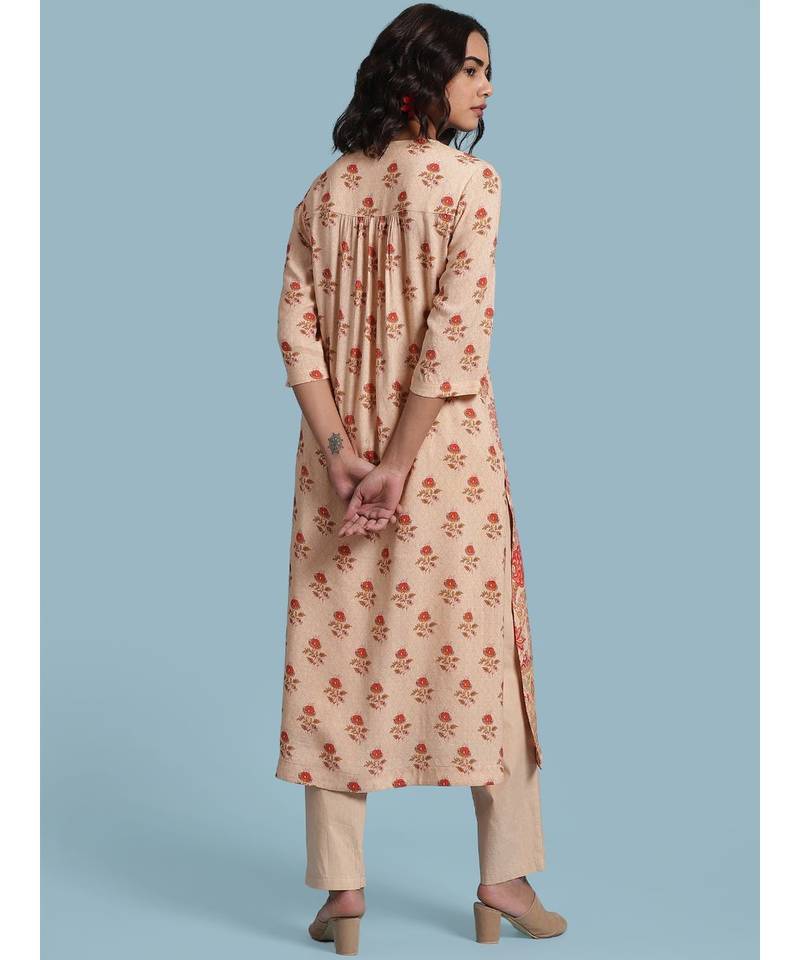 Peach Floral Print Kurta With Bottom And Dupatta