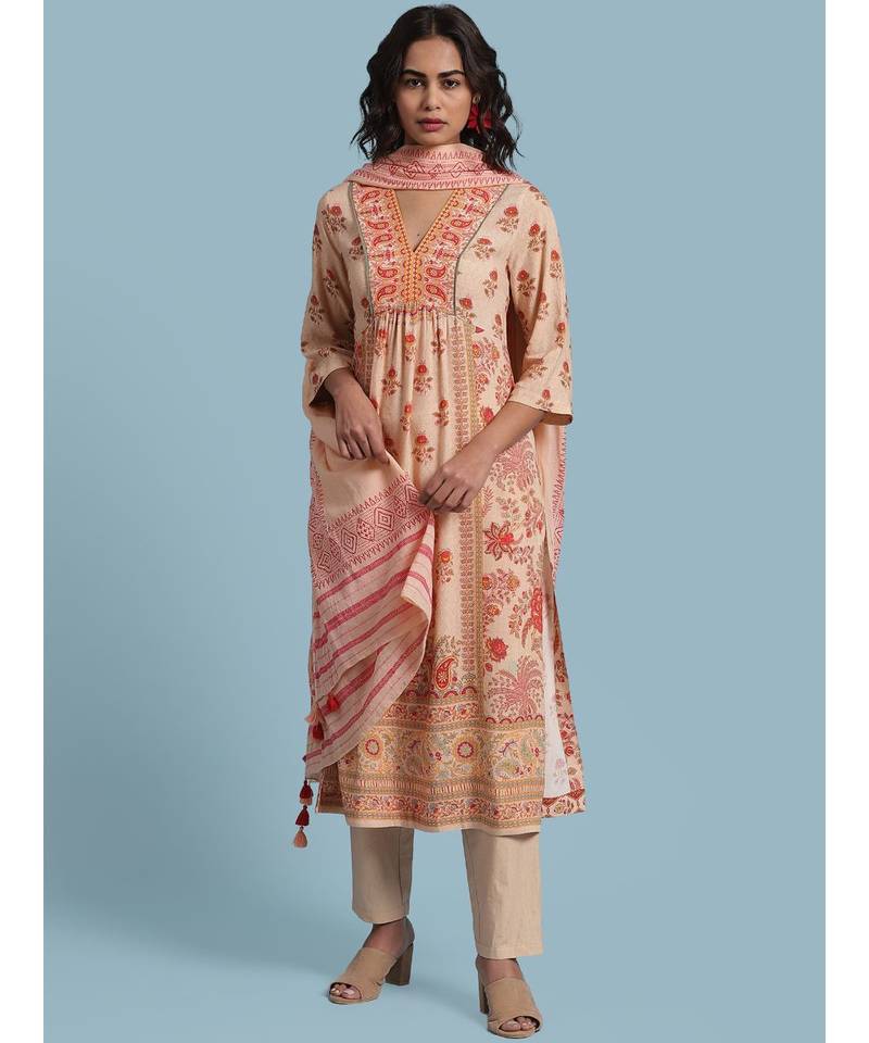 Peach Floral Print Kurta With Bottom And Dupatta