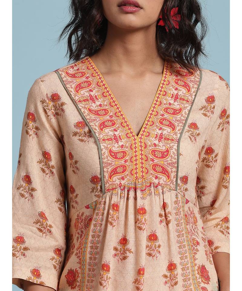 Peach Floral Print Kurta With Bottom And Dupatta