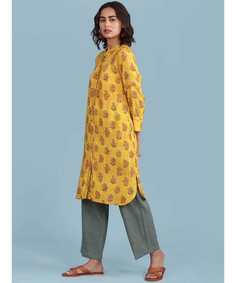 Yellow Floral Print Kurta With Trousser