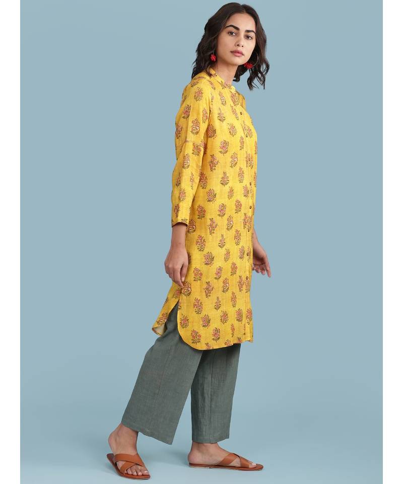 Yellow Floral Print Kurta With Trousser