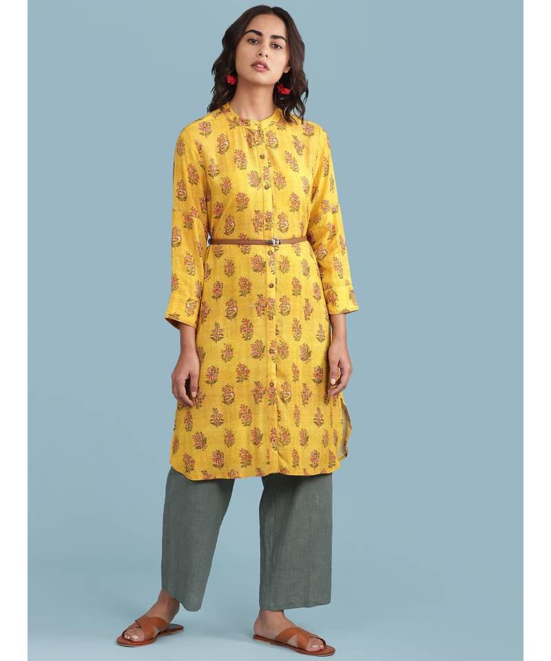 Yellow Floral Print Kurta With Trousser
