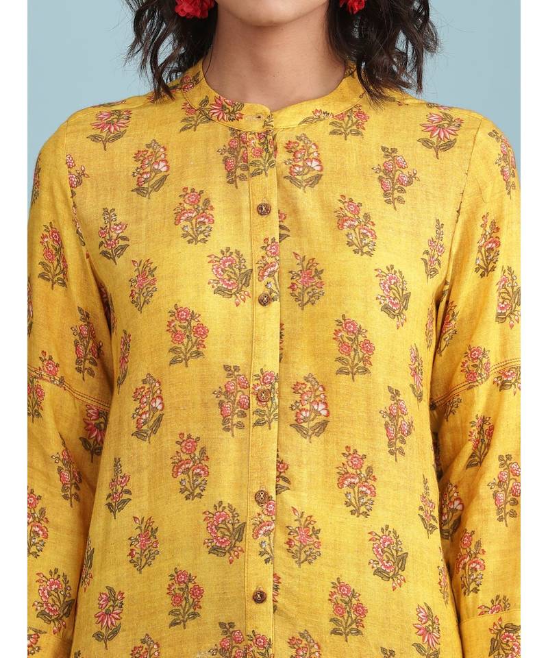 Yellow Floral Print Kurta With Trousser