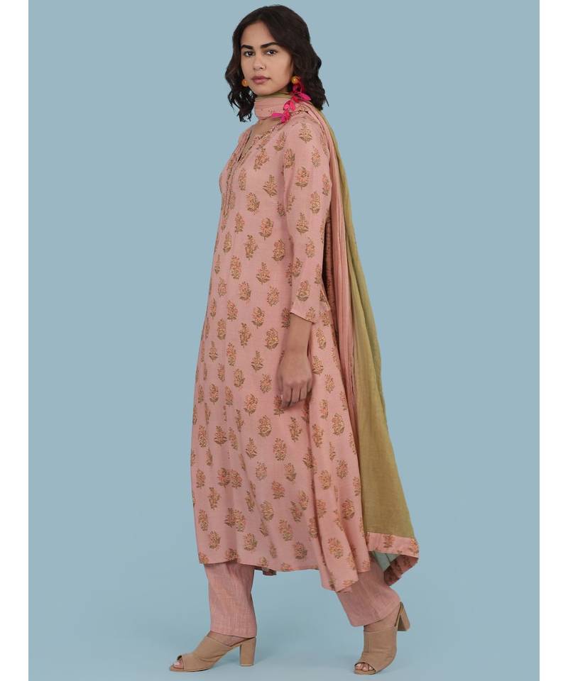 Pink Floral Print Kurta With Pant And Dupatta