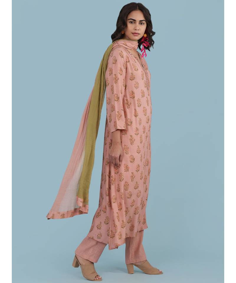 Pink Floral Print Kurta With Pant And Dupatta
