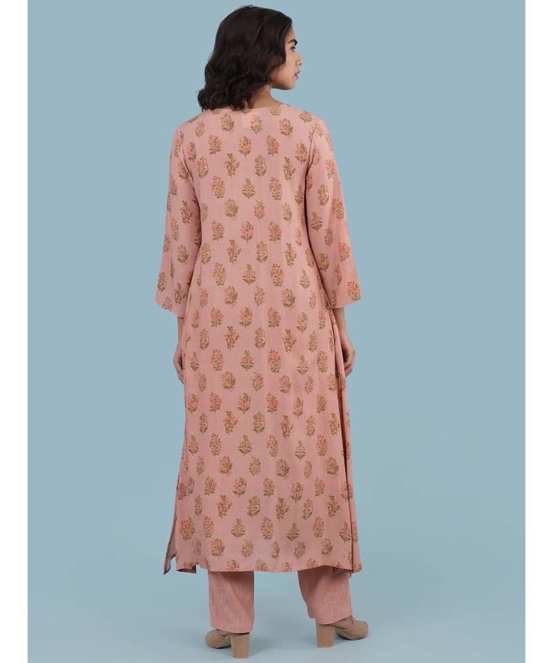 Pink Floral Print Kurta With Pant And Dupatta