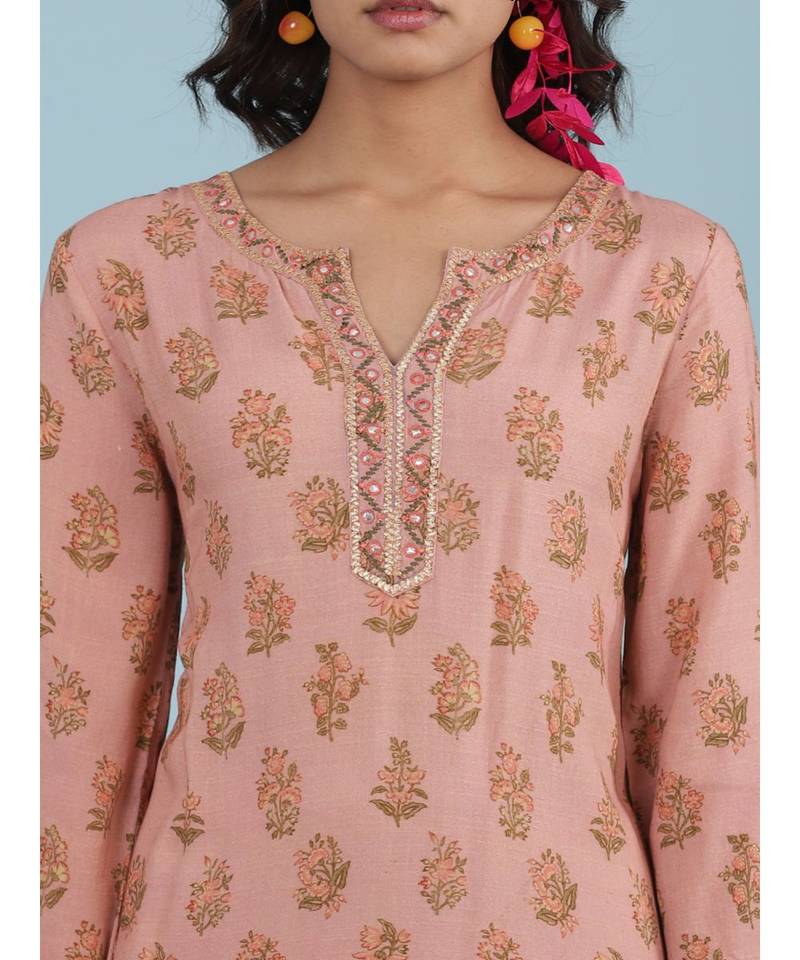 Pink Floral Print Kurta With Pant And Dupatta