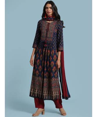 Navy Blue Floral Print Kurta With Pant And Dupatta 1