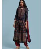 Navy Blue Floral Print Kurta With Pant And Dupatta