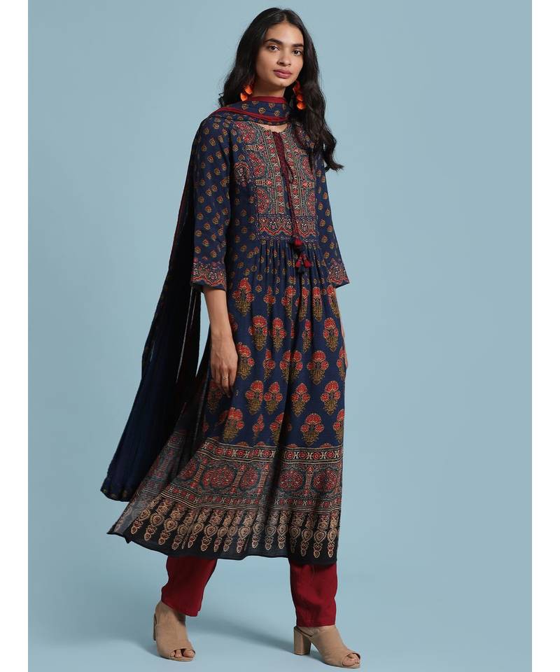 Navy Blue Floral Print Kurta With Pant And Dupatta
