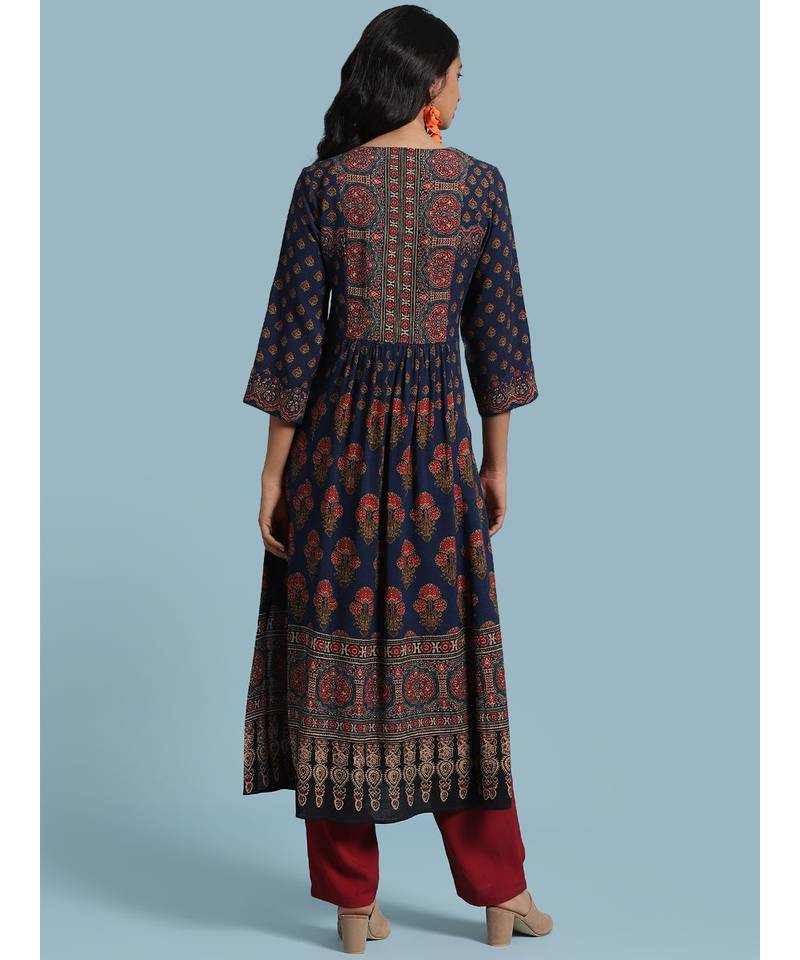 Navy Blue Floral Print Kurta With Pant And Dupatta