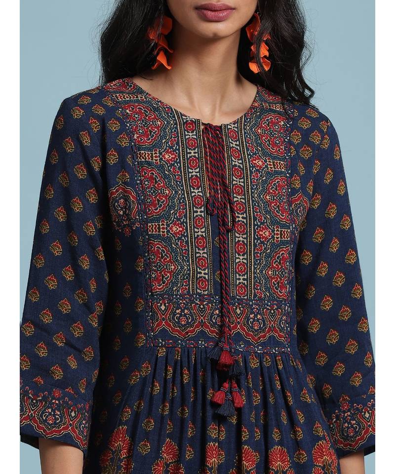 Navy Blue Floral Print Kurta With Pant And Dupatta