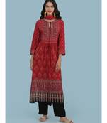 Red Floral Print Kruta With Pant And Dupatta