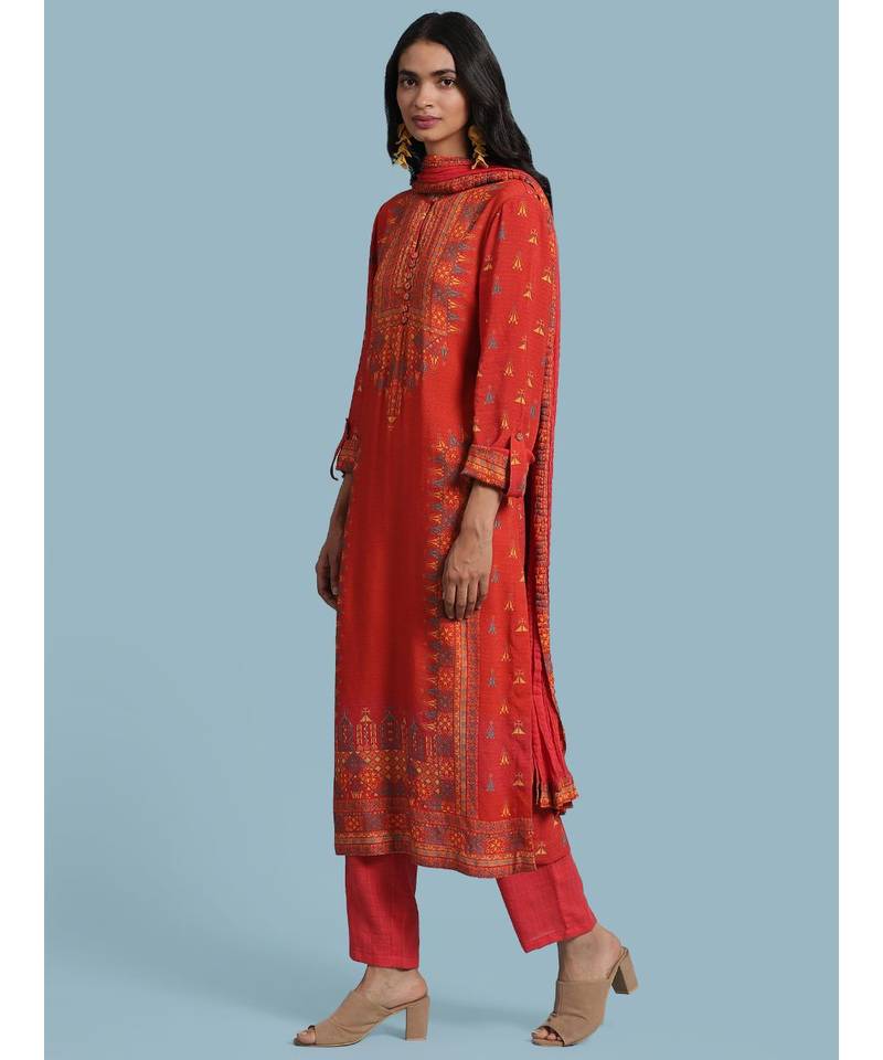 Orange Printed Kurta With Pant And Dupatta