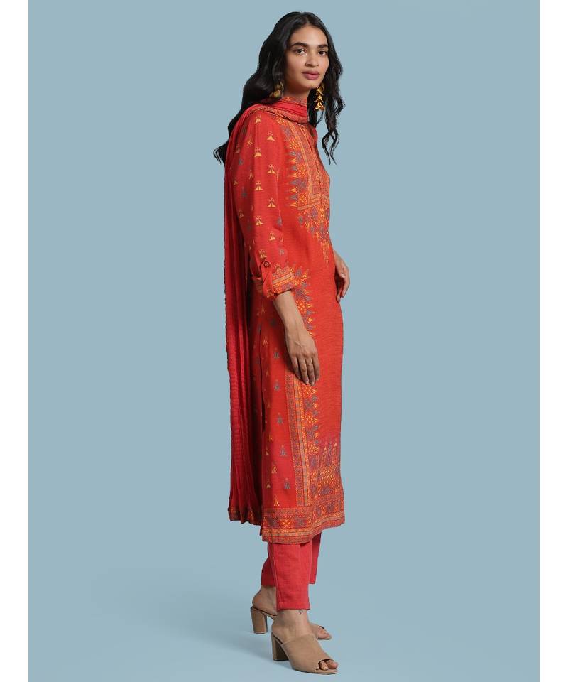 Orange Printed Kurta With Pant And Dupatta