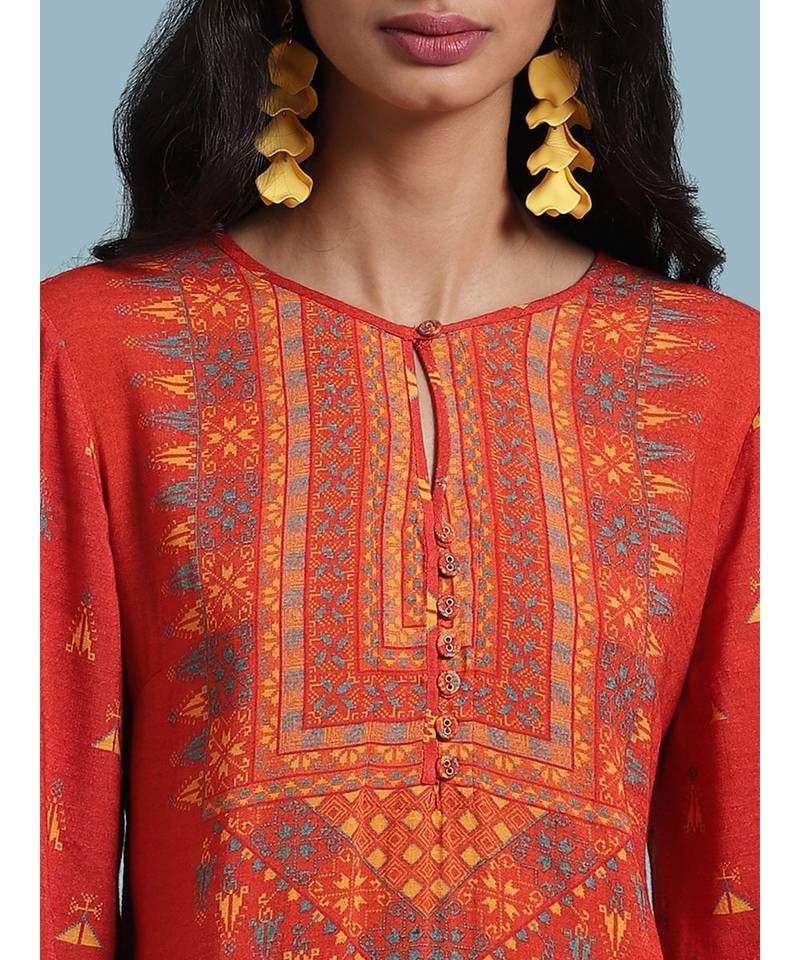 Orange Printed Kurta With Pant And Dupatta