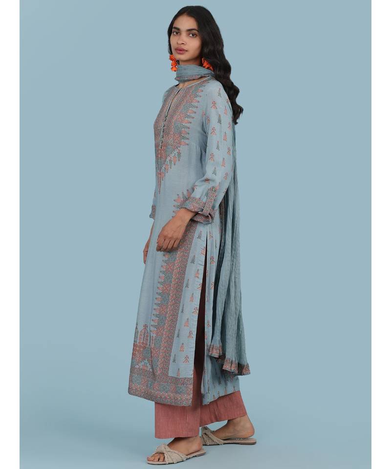 Sky Blue Printed Kruta With Pant And Dupatta