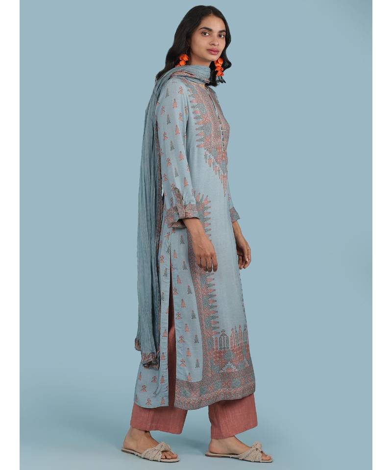 Sky Blue Printed Kruta With Pant And Dupatta
