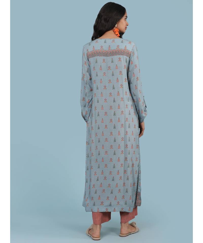 Sky Blue Printed Kruta With Pant And Dupatta