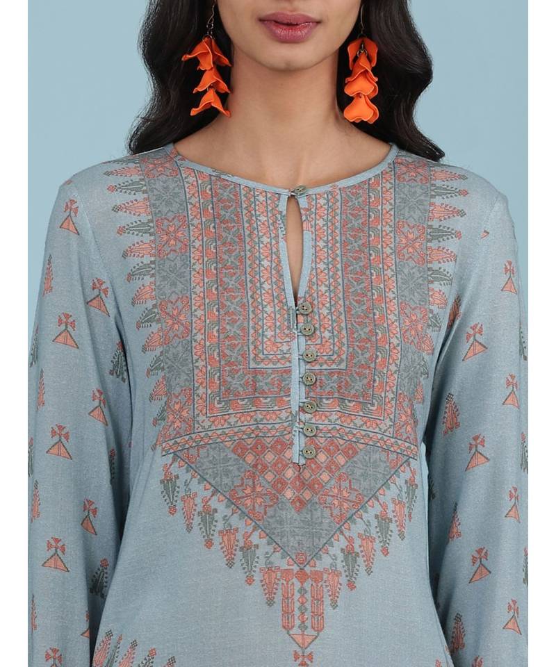 Sky Blue Printed Kruta With Pant And Dupatta