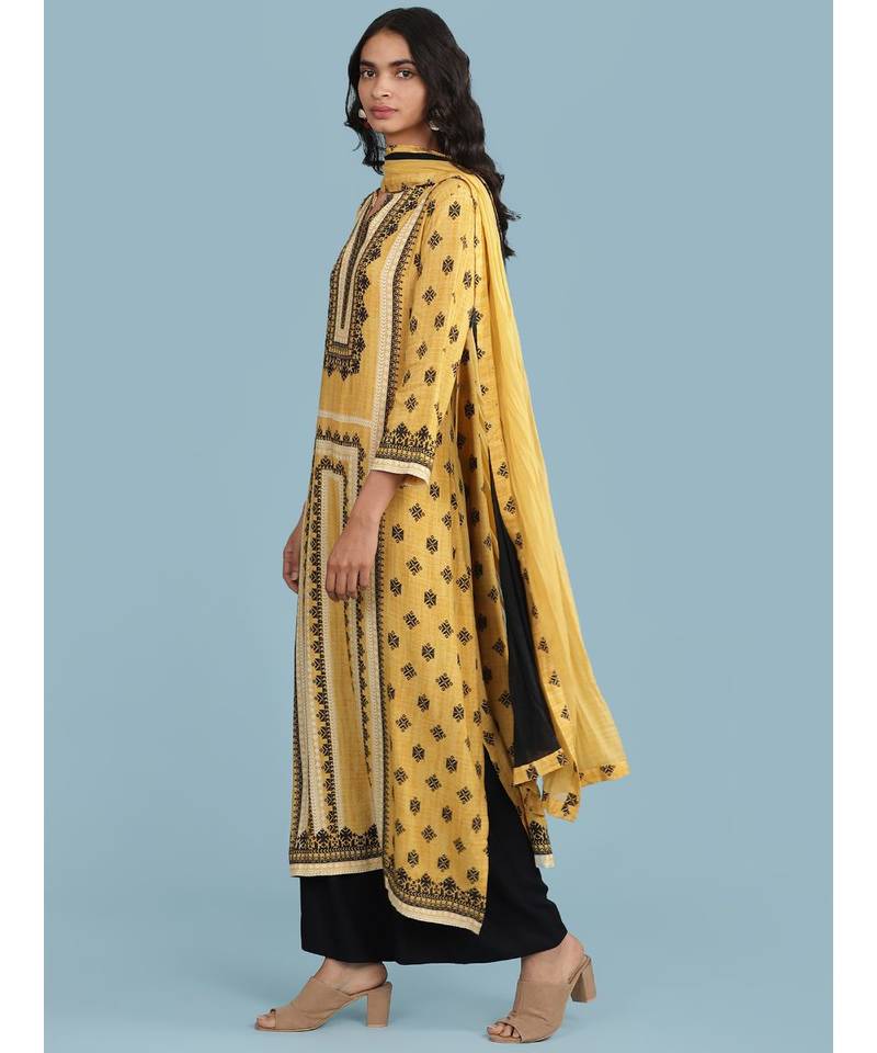 Yellow Printed Kurta With Pant And Dupatta