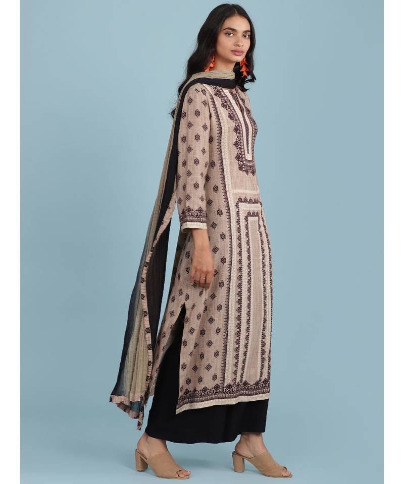 Grey Printed Kurta With Pant And Dupatta