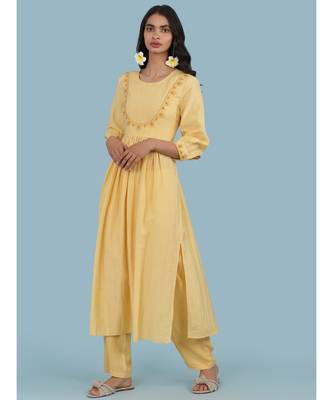 Yellow Round Neck 3/4 Sleeve Embroidered Kurta With Pant 1