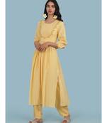 Yellow Round Neck 3/4 Sleeve Embroidered Kurta With Pant