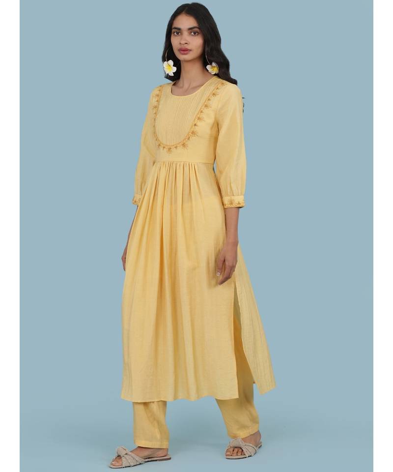 Yellow Round Neck 3/4 Sleeve Embroidered Kurta With Pant