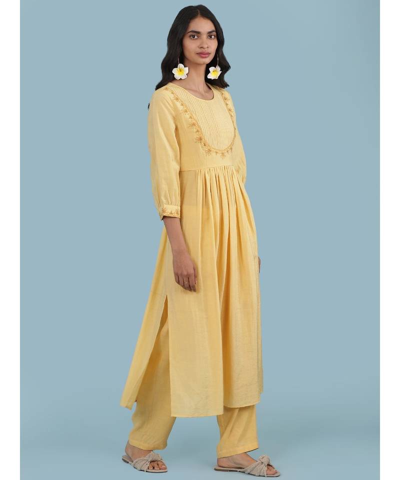 Yellow Round Neck 3/4 Sleeve Embroidered Kurta With Pant