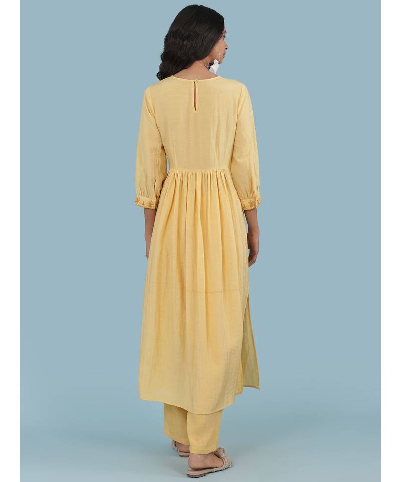 Yellow Round Neck 3/4 Sleeve Embroidered Kurta With Pant