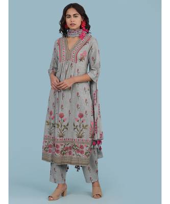 Grey Floral Print Cotton Kurta With Panta And Dupatta 1