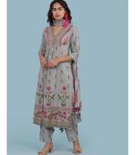 Grey Floral Print Cotton Kurta With Panta And Dupatta