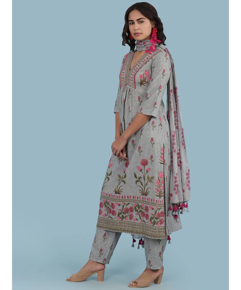 Grey Floral Print Cotton Kurta With Panta And Dupatta