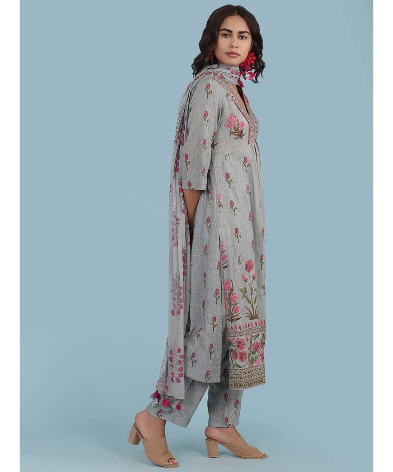 Grey Floral Print Cotton Kurta With Panta And Dupatta