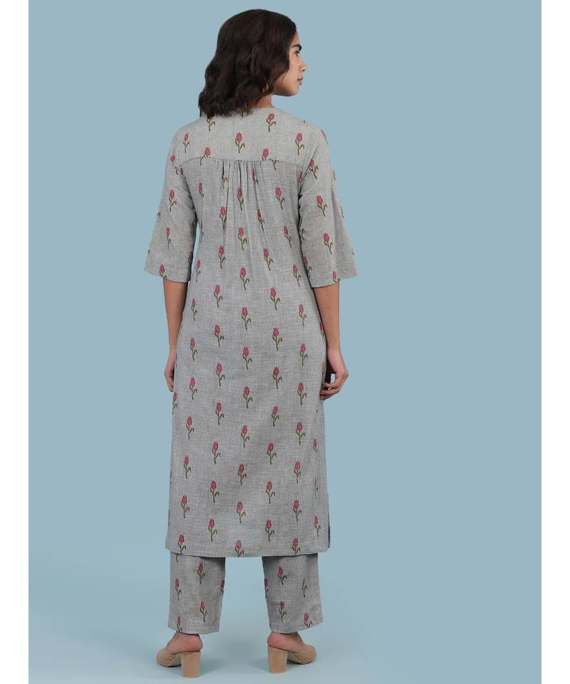 Grey Floral Print Cotton Kurta With Panta And Dupatta