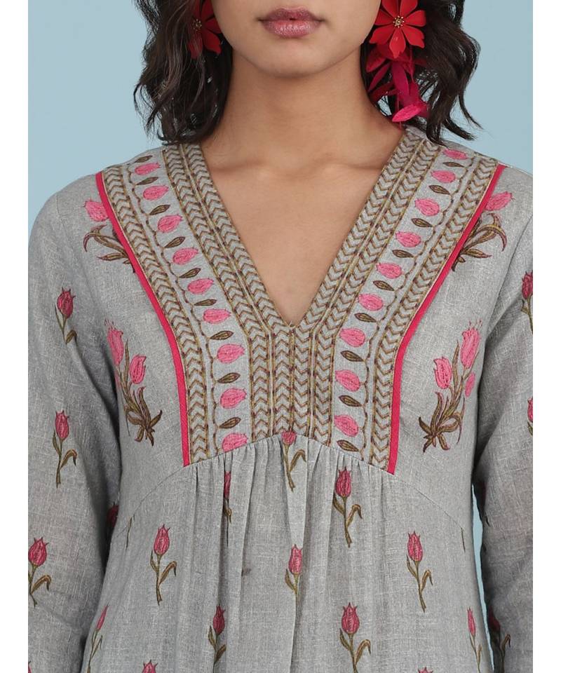 Grey Floral Print Cotton Kurta With Panta And Dupatta