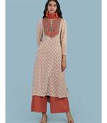 Ecru Floral Print 3/4 Sleeve Kurta With Pant And Dupatta