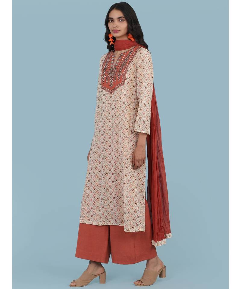 Ecru Floral Print 3/4 Sleeve Kurta With Pant And Dupatta