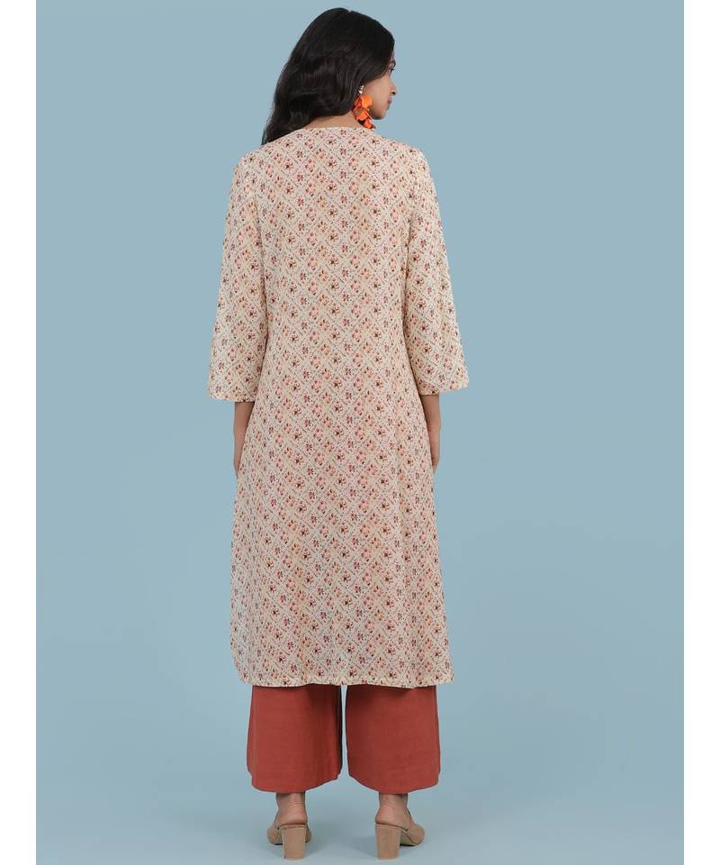 Ecru Floral Print 3/4 Sleeve Kurta With Pant And Dupatta