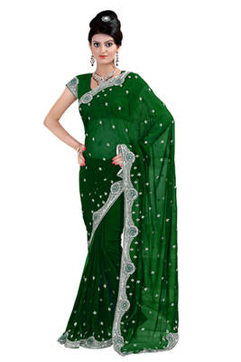 Green embroidered georgette saree with blouse 1