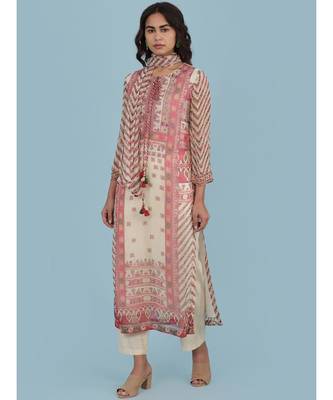 Ecru Printed 3/4 Sleeve Kurta With Pant And Dupatta 1