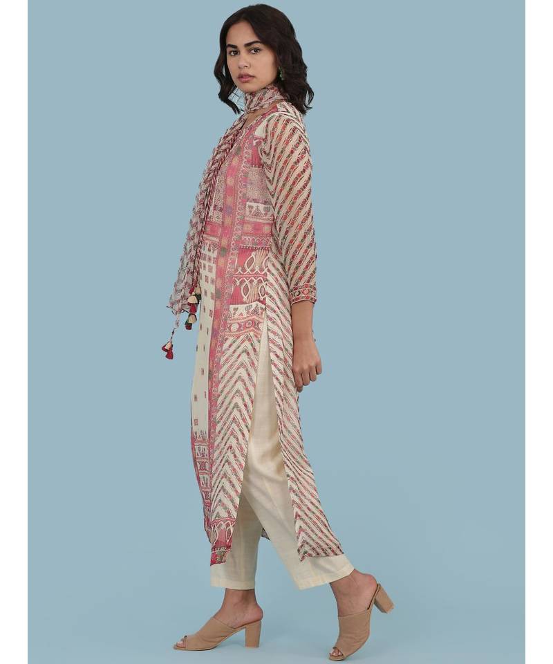 Ecru Printed 3/4 Sleeve Kurta With Pant And Dupatta