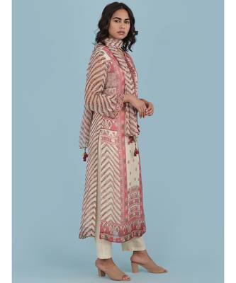Ecru Printed 3/4 Sleeve Kurta With Pant And Dupatta 3