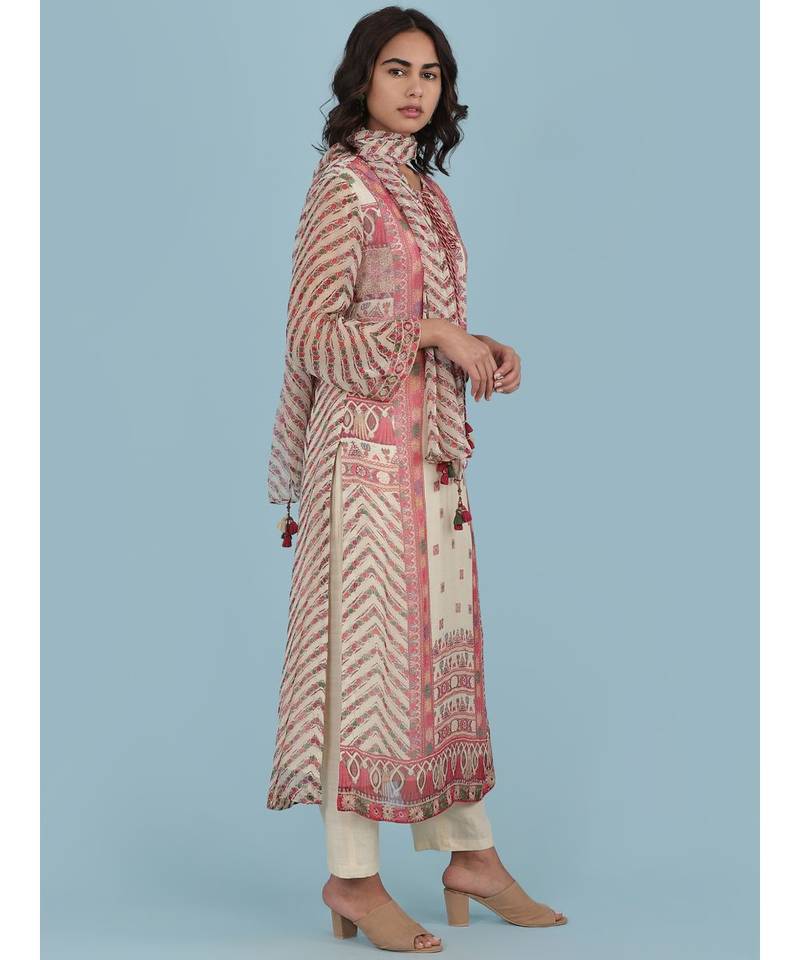 Ecru Printed 3/4 Sleeve Kurta With Pant And Dupatta
