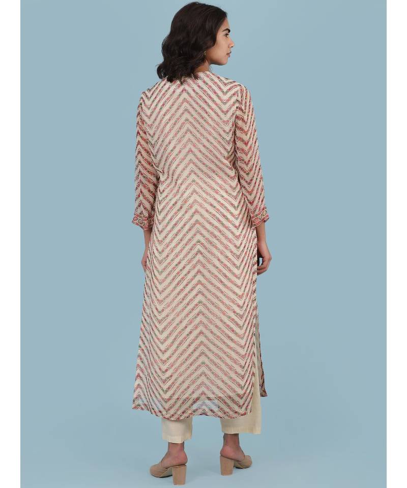 Ecru Printed 3/4 Sleeve Kurta With Pant And Dupatta