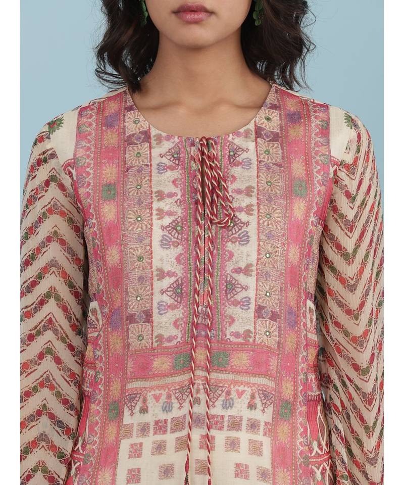 Ecru Printed 3/4 Sleeve Kurta With Pant And Dupatta