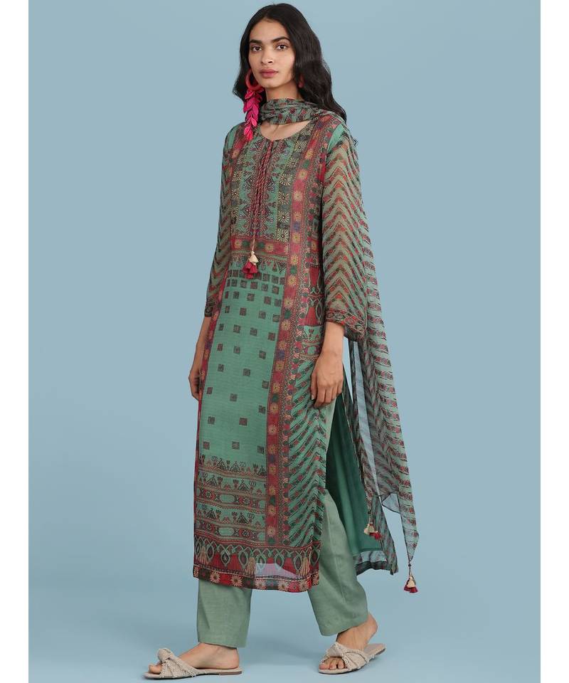 Green Printed 3/4 Sleeve Kurta With Pant And Dupatta