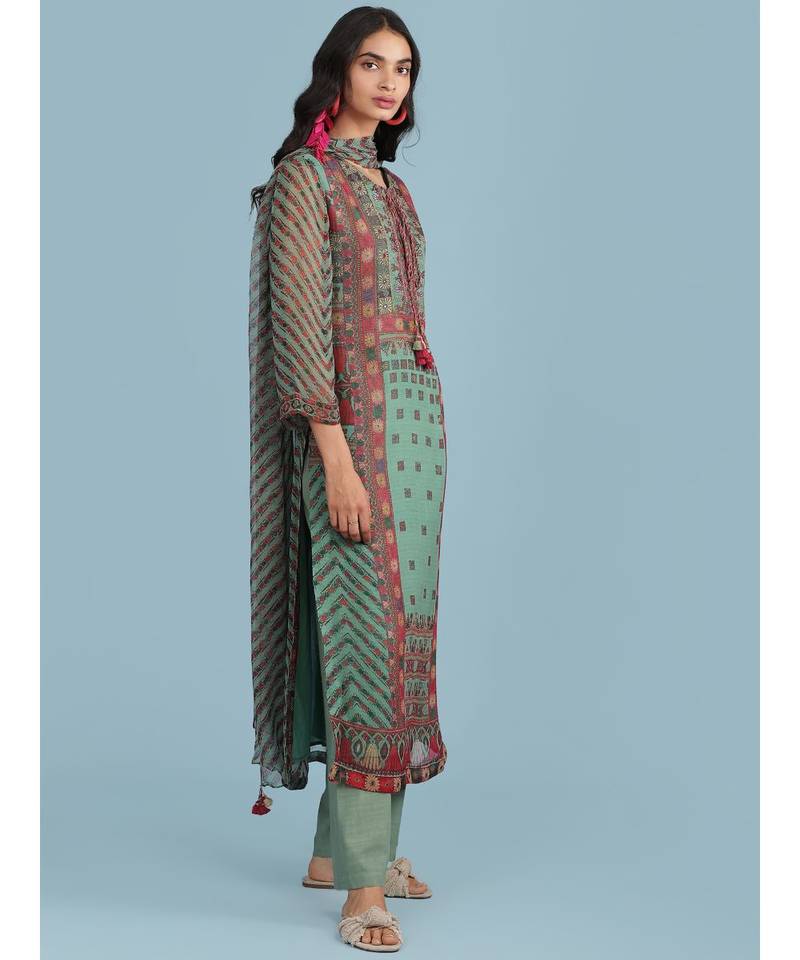 Green Printed 3/4 Sleeve Kurta With Pant And Dupatta